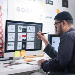 store setup Asian Graphic designer working in office. Artist Creative Designer Illustrator Graphic Skill Concept.